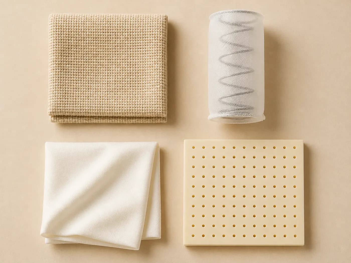 Fire materialeprøver på en lys flade: vævet coverstof i beige, en enkelt pocketfjeder i sin stoflomme, et foldet blødt hvidt tekstil og en perforeret plade naturlatex.