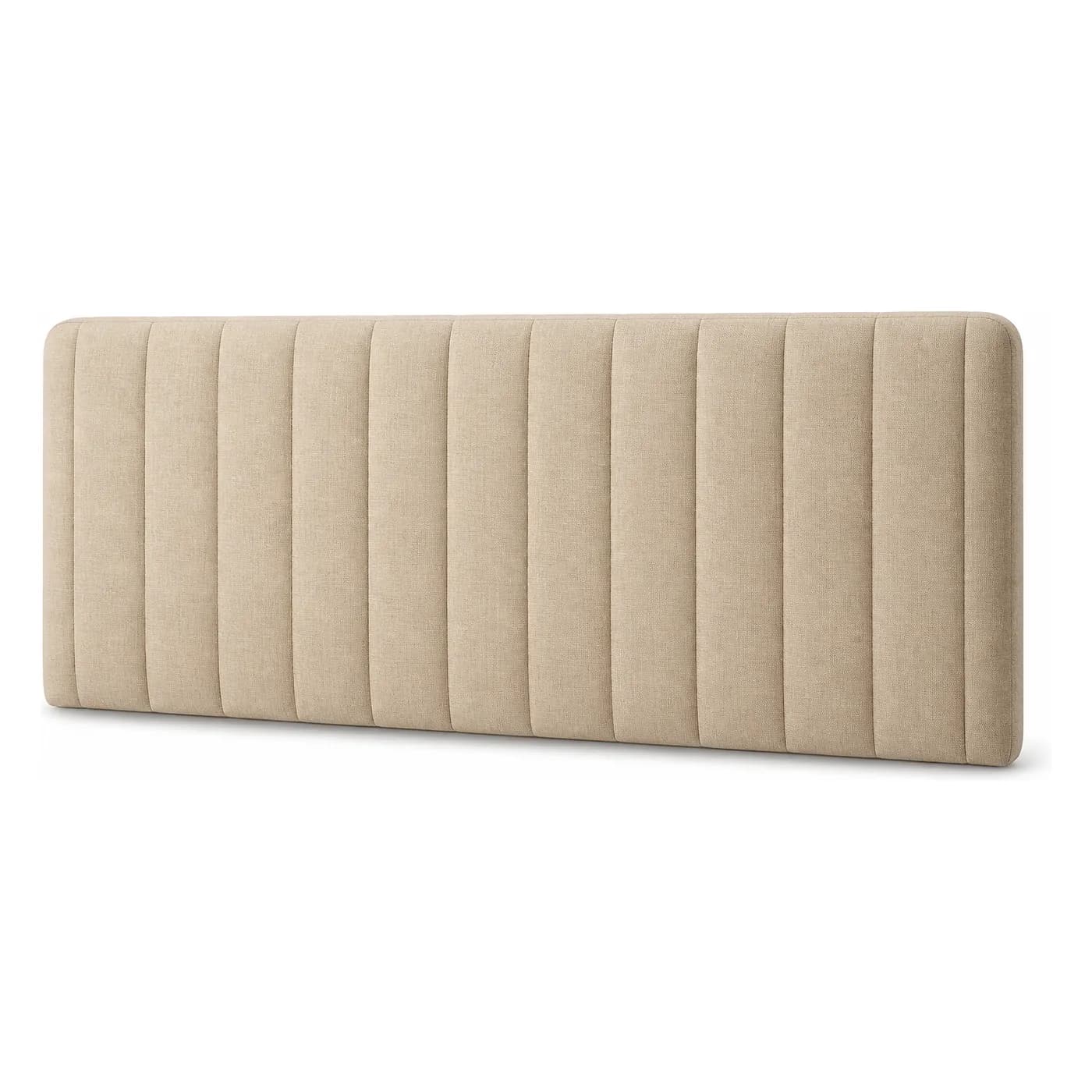 Beige fuldpolstret FamBed sengegavl med lodrette polstringsfelter.