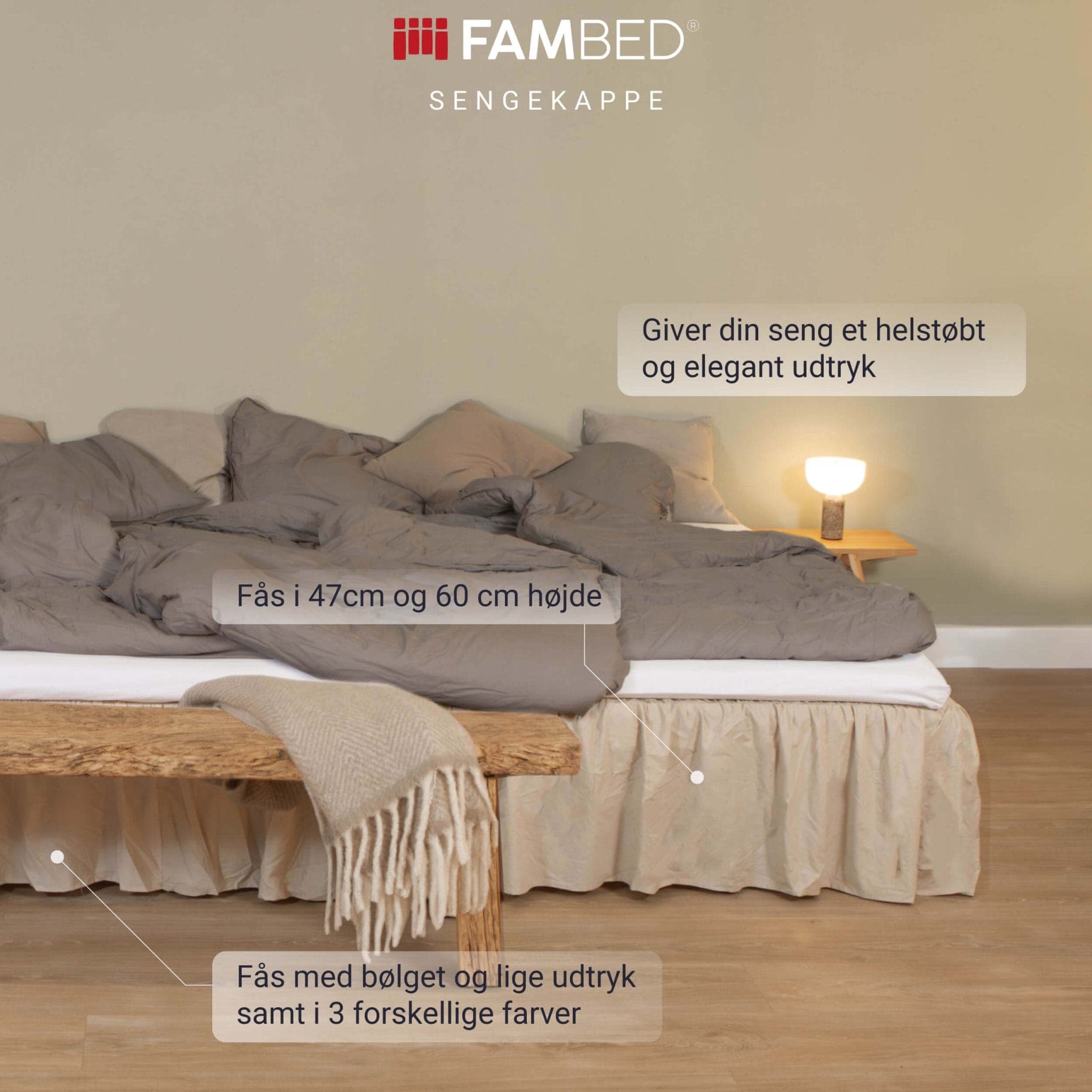 Infografik: opredt seng med beige FAMBED sengekappe og punkter om helstøbt udtryk, to højder og bølget eller lige model