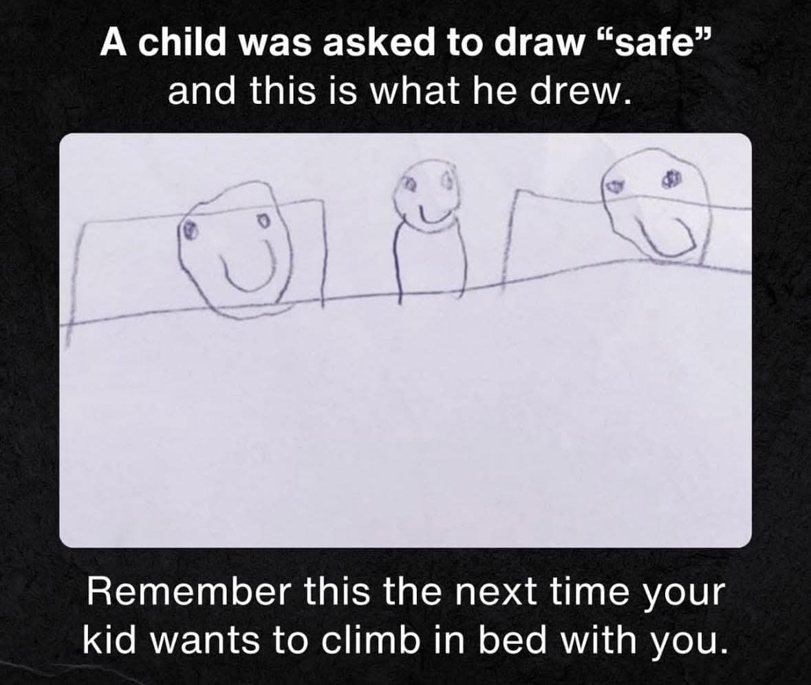 Et barns tegning af tre smilende figurer i en seng, delt med engelsk tekst om at barnet blev bedt om at tegne ordet safe