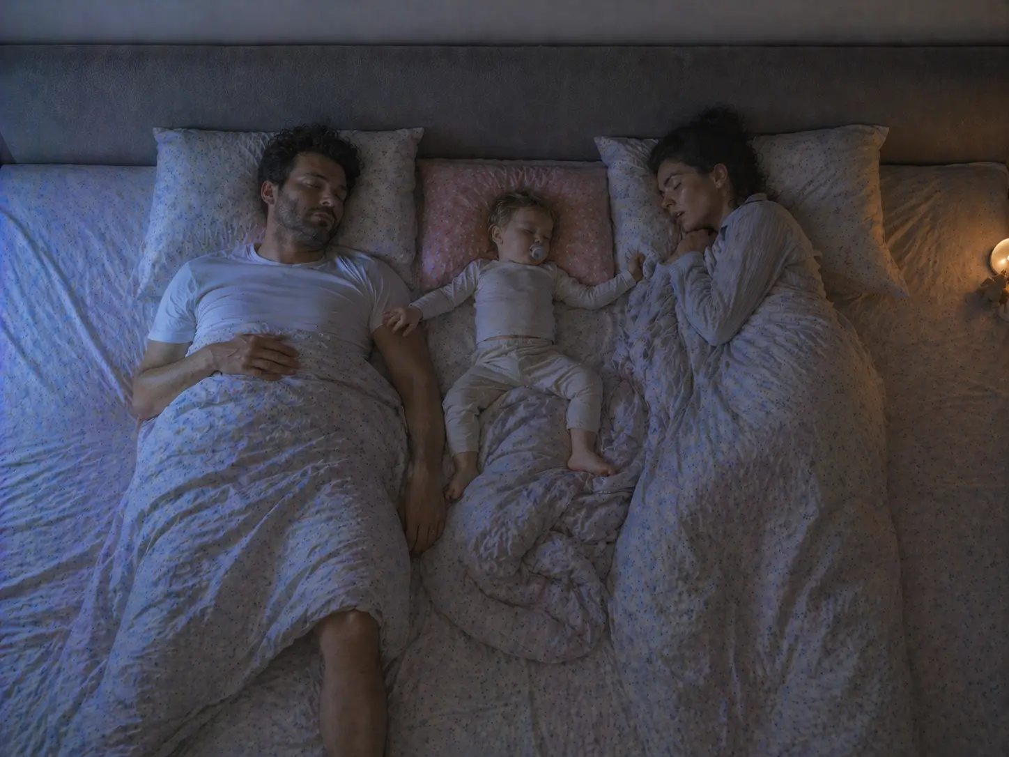 Familie på tre sover side om side i familiesengen, set oppefra